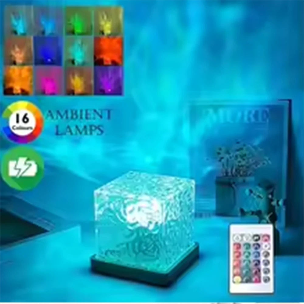 HOMEFISH RGB 16 Colors Night Light with Remote Ocean Wave Aurora Projector Rechargeable Table Lamp for Home Bedroom Decor